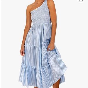ANRABESS Boho Summer One Shoulder Sleeveless Smocked Flowy Tiered Maxi Dress